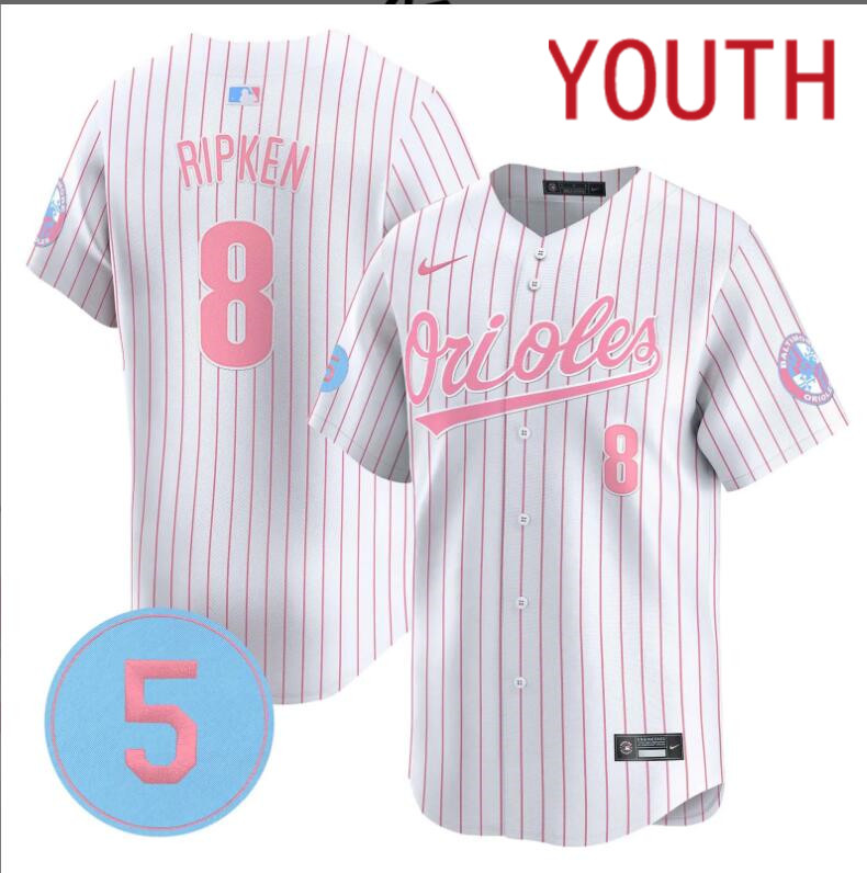 Youth  Baltimore Orioles #8 Ripken white with red strips 2024 Nike MLB jersey